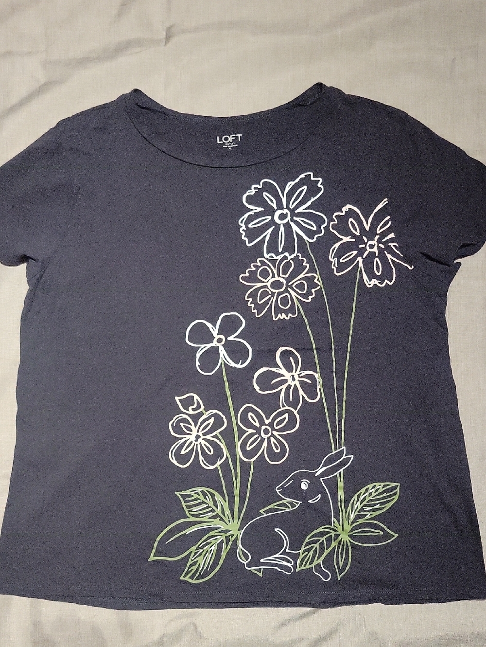 LOFT Navy Tee with White Floral and Green Bunny Graphic